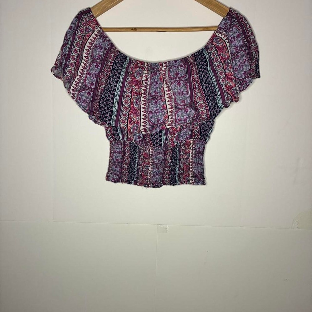 No Comment purple, red, and black paisley print crop top